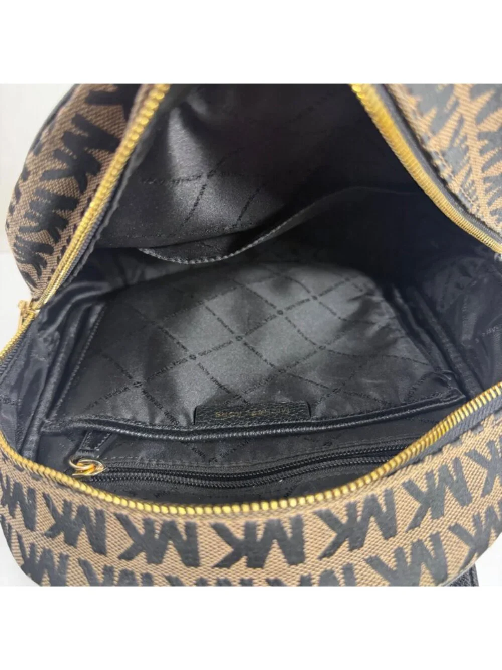 MICHAEL KORS Women's Abbey MK Signature Coated Canvas Backpack Beige Black Gold